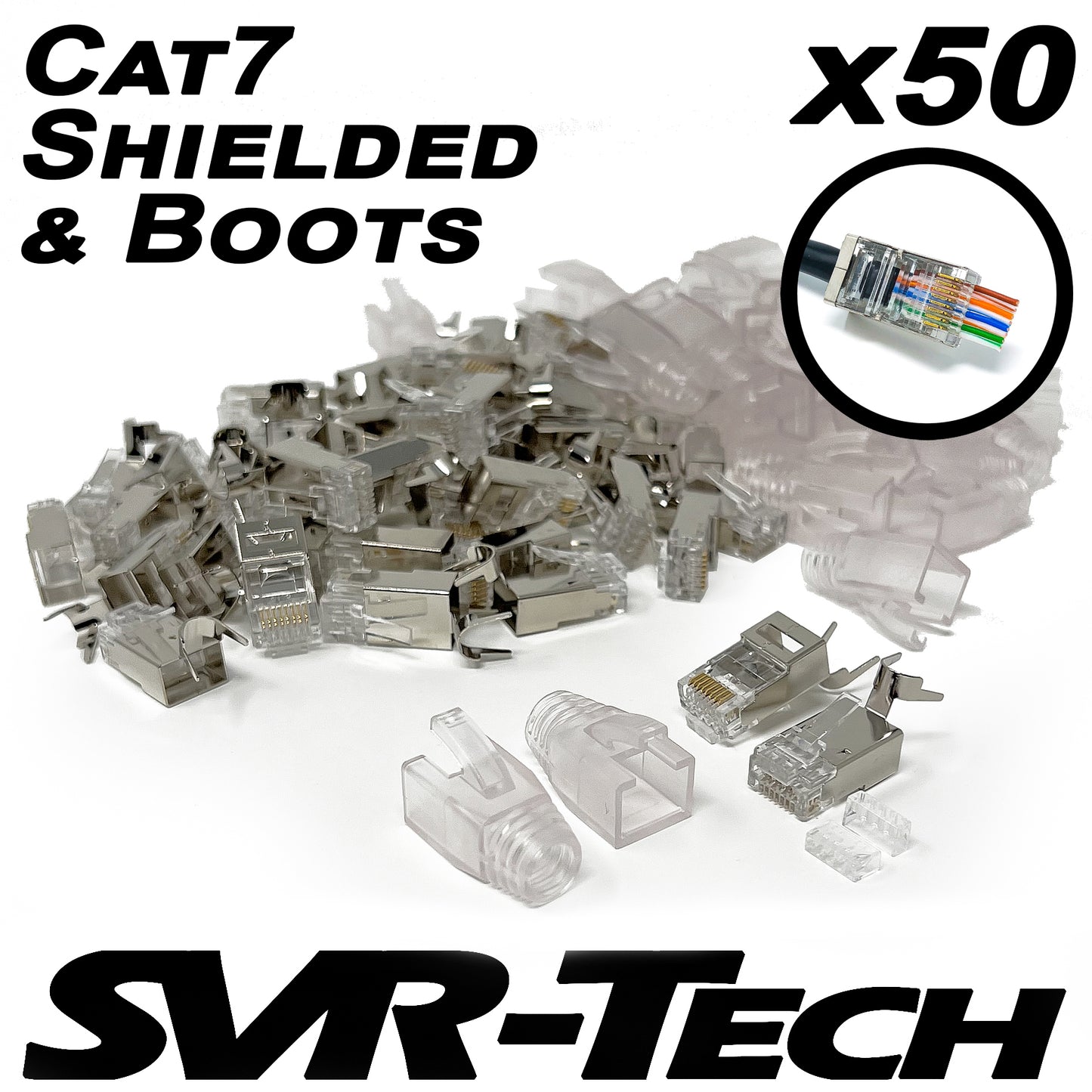SVR-Tech RJ45 Cat7 Cable STP Shielded EZ Pass Through Connectors & Boot - 50 pack